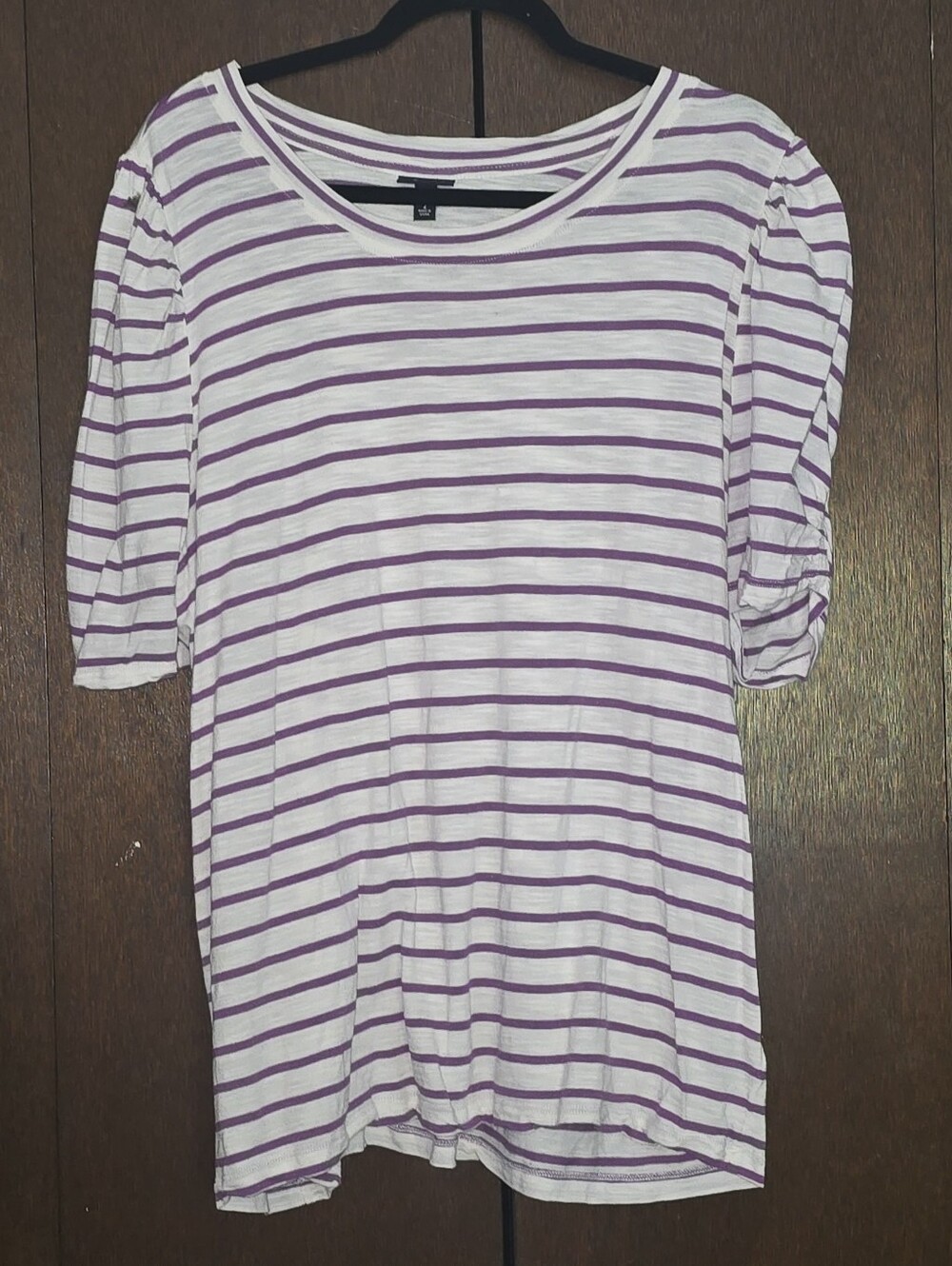 Torrid Puffed Short Sleeve White With Purple Stripes T Shirt